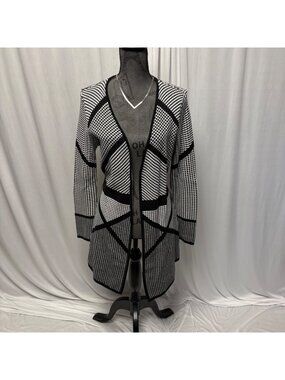 Belldini Open Front Cardigan Womens Size Large Black White Geometric Long Sleeve